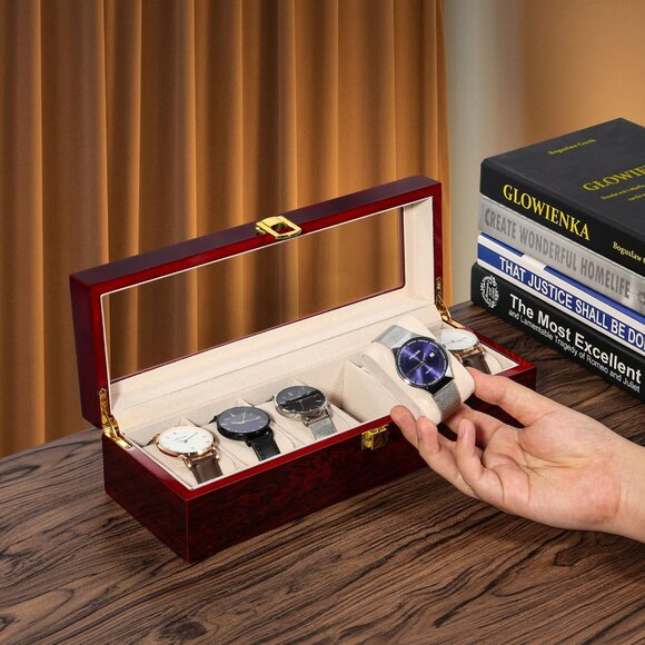 6 Slot Wooden Watch Display Case w/ Glass Lid & Removable Pillows - Vintage Brow - Picture 3 of 10